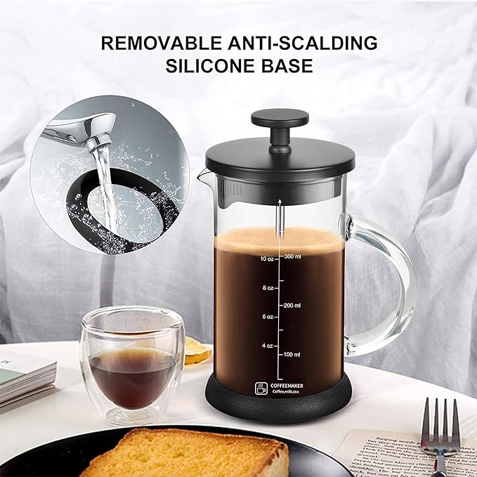 French Press Coffee Maker 12 Ounce Espresso Tea Coffee Maker with 4 Filters System, Stainless Steel Plunger and Heat Resistant Borosilicate Glass BPA-Free Brewed Tea Pot Coffee Plunger
