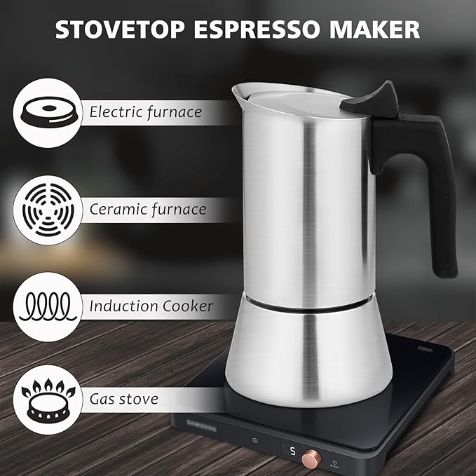 Stovetop Espresso Maker Stainless Steel Moka Pot, 9 cup Espresso Coffee Pots 450ml/15oz(Espresso Cup=50ml)/1.7oz, Italian Coffee Maker for Induction Cookers Hobs, Cafe Maker for Camping Home