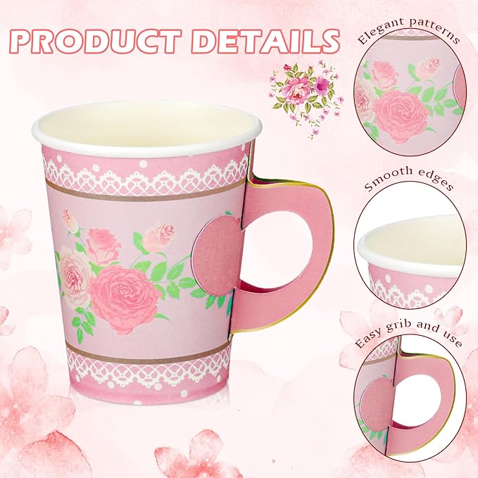 48 Sets Floral Paper Tea Cups and Saucers Disposable Paper Tea Party Supplies 9 oz Cups with Handle and Saucer for Birthday Wedding Party Decorations (Classic Style)