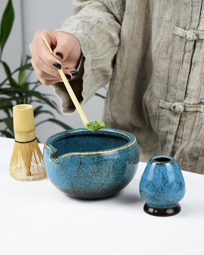 Artcome Matcha Tea Set – 20.2oz Premium Matcha Bowl with Spout, Whisk, Scoop, Whisk Holder & Brewing Guide – Authentic Japanese Tea Ceremony Tools for Perfect Matcha Preparation, Blue
