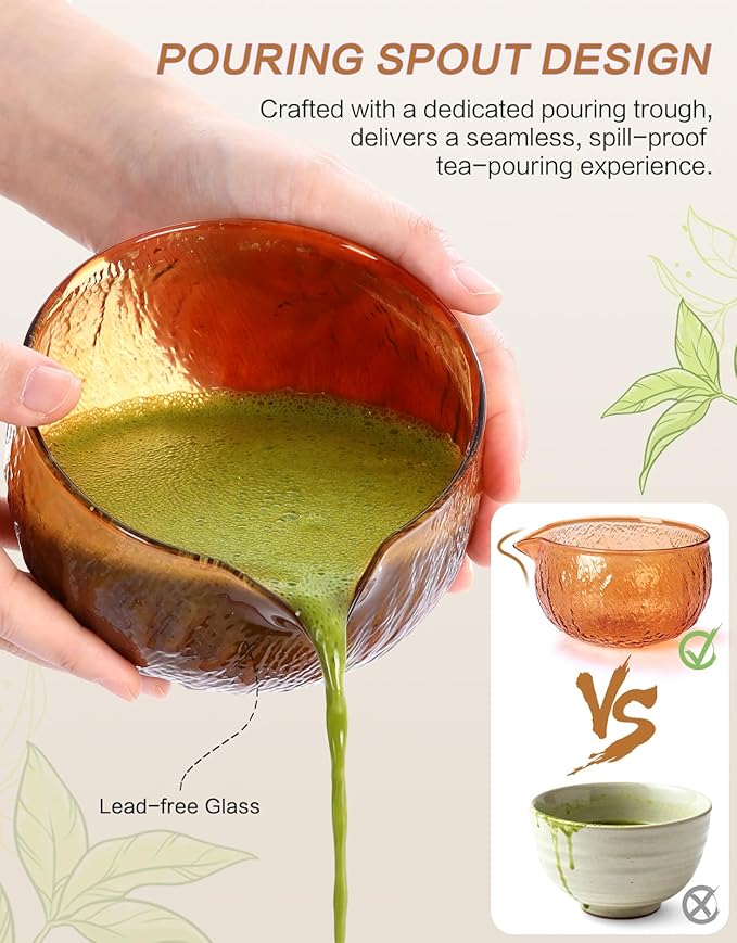 Matcha Whisk Set, 7 Pcs, Matcha Kit Includes Matcha Bowl, Matcha Whisk and Holder, Bamboo Scoop, Spoon, Sifter and Tea Towel, Matcha Set, Gift for Matcha Lovers & Beginners (Amber)