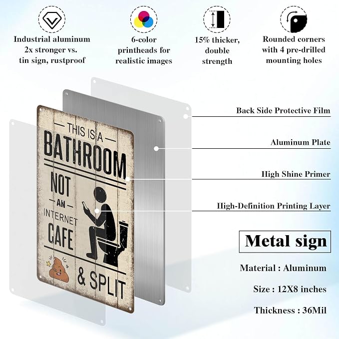This Is A Bathroom Not An Internet Cafe Sign - Sarcastic Funny Bathroom Decor Wall Art Tin Signs for Phone Users, to Encourage Quick Visits 8x12 Inches - Image 6