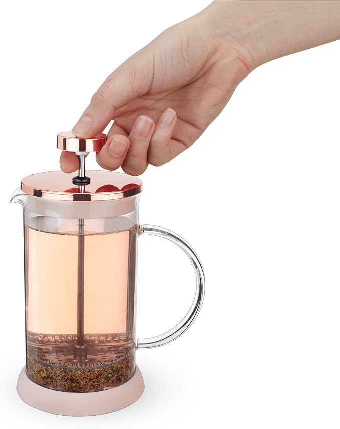 Pinky Up Riley Mini Glass Tea Press Pot, Coffee Maker, French Press for Loose Leaf Tea and Coffee, Hot or Iced Beverage Brewer, 12 oz, Pink
