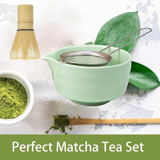 Matcha Whisk Set, Matcha Bamboo Whisk and Holder, Bamboo Scoop and Stainless Sifter, 5 Pcs Matcha Making Kit for Lover (Green)