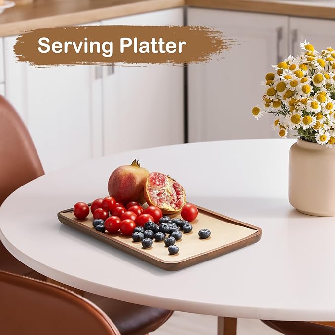 14 Inch Acacia Wood Serving Tray – Rectangular Wooden Decorative Tray for Food, Appetizers, Snacks, Desserts, Coffee Table, Bathroom, Entryway, Vanity, Home Decor Organizer