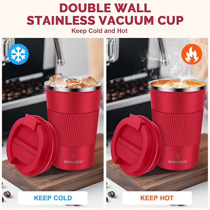 MOMSIV 12oz Travel Mug, Insulated Coffee Cup with Leakproof Lid, Vacuum Stainless Steel Double Walled Reusable Tumbler for Hot and Cold Water Coffee and Tea