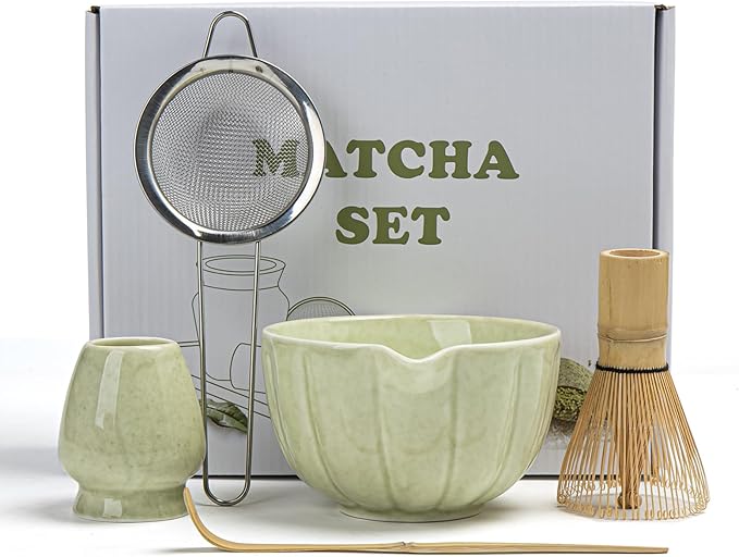 Matcha Whisk Set, Matcha Set Includes Ceramic Matcha Bowl, Bamboo Whisk, Scoop, Chasen Holder, Sifter, 5 Pcs Perfect Matcha Kit for Matcha Lover (Mottled Green)