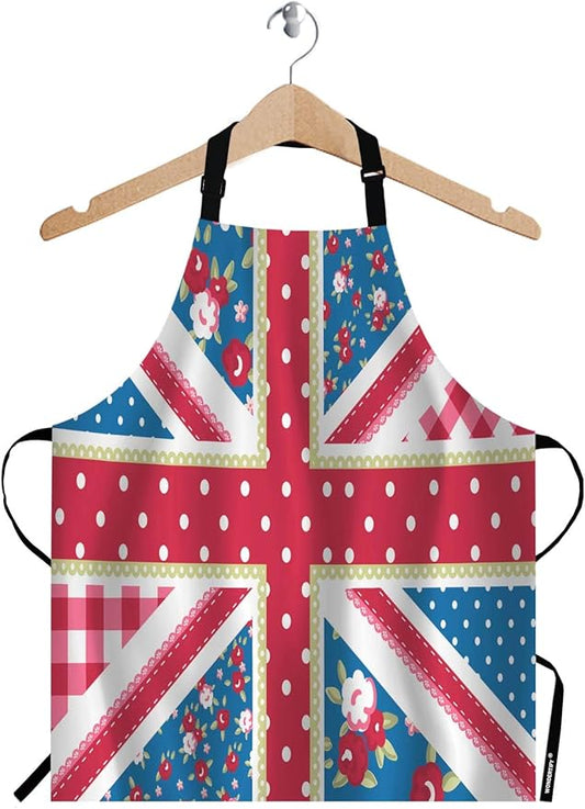 WONDERTIFY British Flag Apron,England Flag in Chic Floral Style Bib Apron with Adjustable Neck for Men Women,Suitable for Home Kitchen Cooking Waitress Chef Grill Bistro Baking BBQ Crafting Apron
