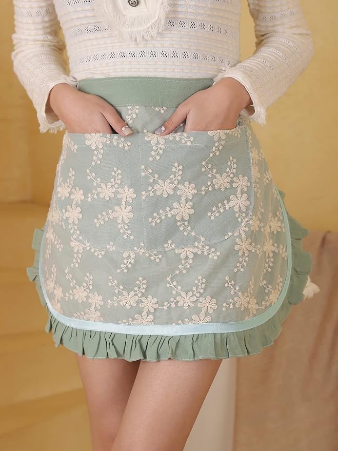 Unisex Chef Aprons White Retro Cotton Maid Short 2 Pockets Waist Waiter Waitress Half Apron - Image 6