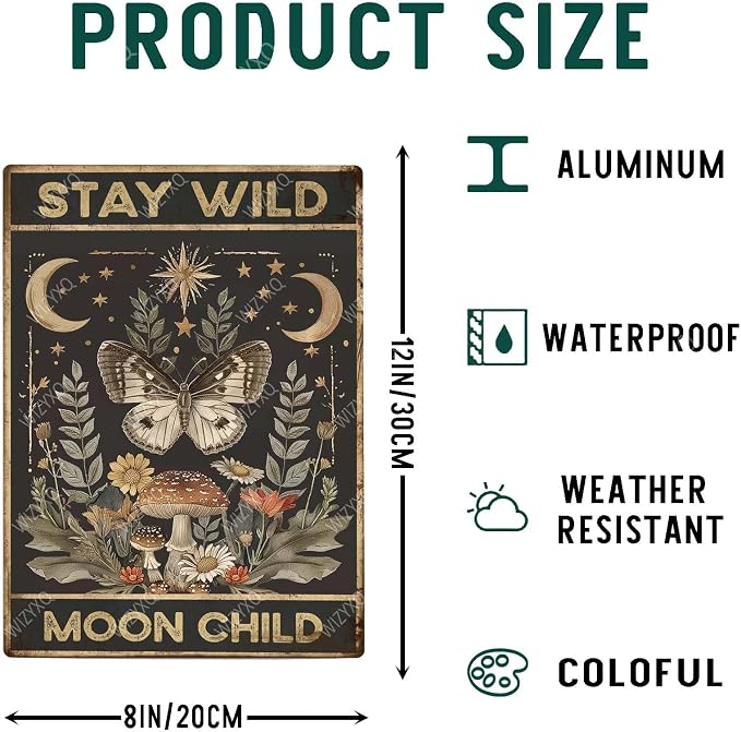 Funny Metal Signs Butterfly Stay Wild Moon Child Vintage Tin Sign Retro Wall Decor for Home Office Farmhouse Yard Garden Shop Cafe Indoor Outdoor 8×12 Inches - Image 2