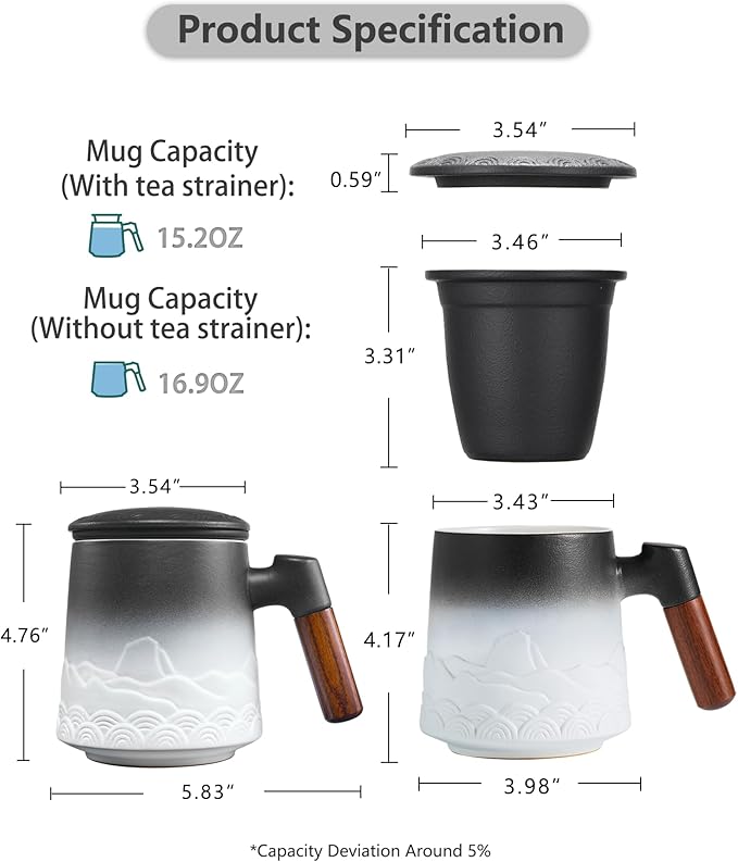 ZENS Tea Mug with Infuser and Lid for Loose Leaf Tea Steeper, 16.9oz Embossed Ceramic Tea Cup with Fine Strainers, Wood Handle Large Diffusers Mugs for Tea Lovers Gifts