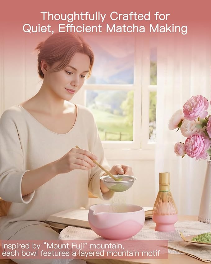 ZENS Matcha Whisk Set, Ceramic Matcha Kit Set Includes Matcha Bowl, Matcha Whisk and Holder, Bamboo Scoop & Holder, 304 Sifter and Tea Mat - 6Pcs Matcha Kit for Matcha Lovers-Pink