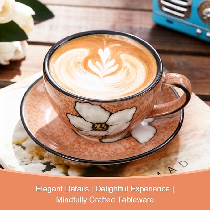 8 Oz Floral Porcelain Cappuccino Cups with Saucers Set of 4, Stoneware Tea Coffee Mugs for Home Kitchen & Office, Dishwasher Microwave Oven Safe, for Espresso, Latte, Americano, Milk & Tea, Pink