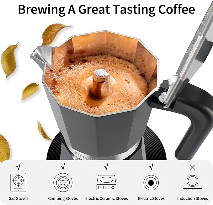 Mongdio Stovetop Espresso Maker Moka Pot, Stove Top Cuban Coffee Maker, Italian Greca Mocha Pot, 9 Espresso Cups, 15 oz - Black