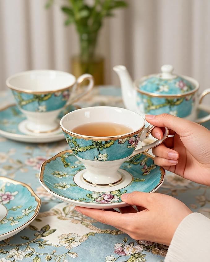 Exquisite Bone China Tea Cups and Saucer Set – Elegant Porcelain Tea Cups, Beautifully Detailed for Tea Lovers, Gift-Ready for Christmas, Hostess, Holiday Gift & Fall Decor