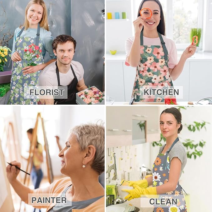 BOUMUSOE 3 Pack Floral Aprons with Pocket, Blooming Womens Aprons | Waterproof Adjustable Cooking Aprons for Kitchen Gardening and Salon - Image 5