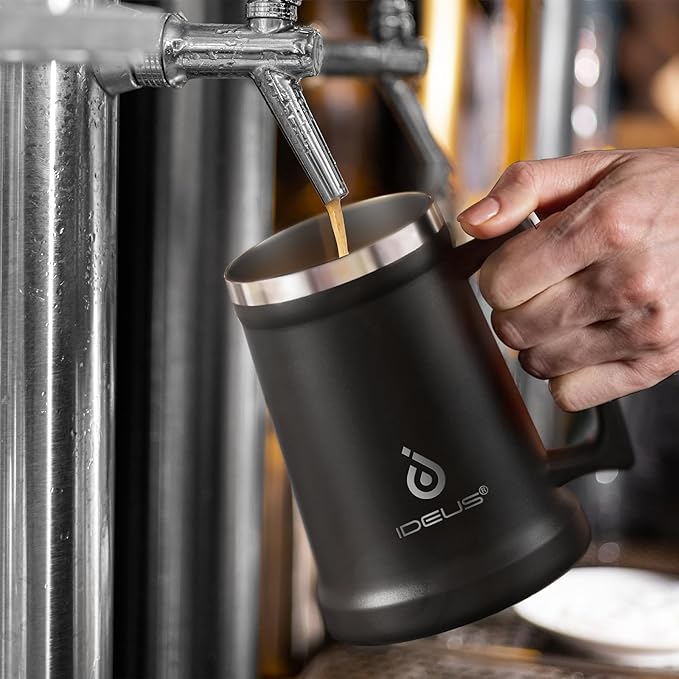 Ideus Insulated Beer Stein, 24/32oz Stainless Steel Double Walled Beer Mug Giant Bar Drinkware Metal Beer Cup with Big Grip Handle (Black, 24 ounces (710ml))