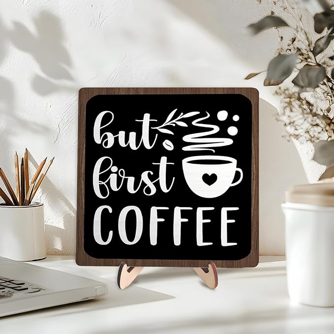 Vintage Coffee Bar Wooden Plaque Desk Sign, Farmhouse Wood Plaque Tabletop Decor for Cafe Bar Kitchen Office,Coffee Station Accessories 5.9x5.9Inch