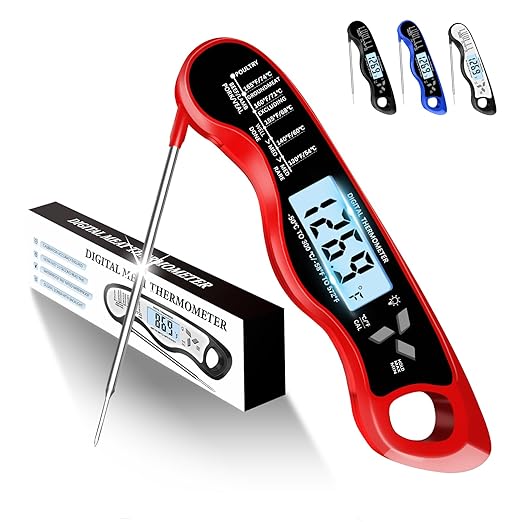 Meat Thermometer, IP67 Waterproof Digital Meat Thermometer with Backlight, Hold Function & Magnet for Grill, BBQ, Candy, Beef,Turkey