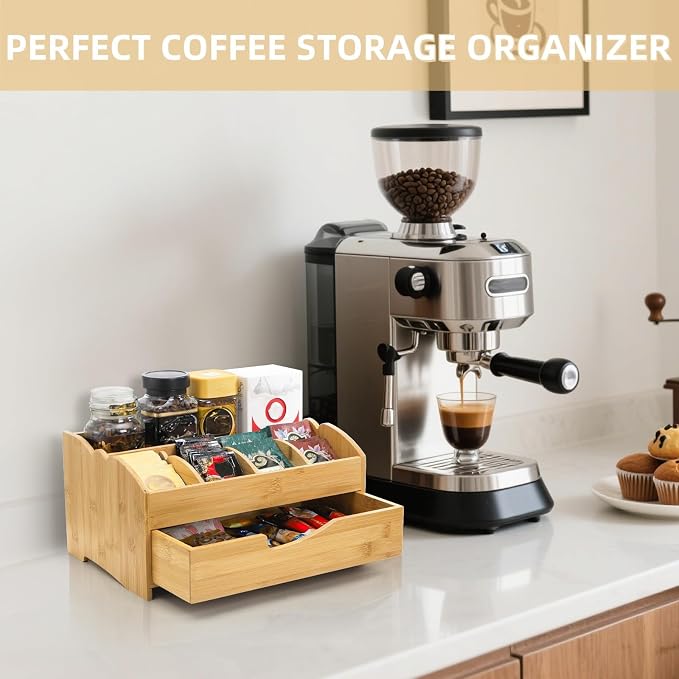 Covzoe Coffee Station Organizer for Countertop, Bamboo Coffee Pods Holder Bar Organizer with Drawer, Rustic Tea Condiment Storage Caddy for Bar Decor Kitchen Home Office - Image 6