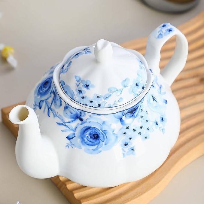 27oz Floral Porcelain Teapot with Blue Rose Pattern, Ceramic Small Teapot for Loose Leaf & Tea Bags, Dishwasher Safe, Classic Design for Daily Tea & Gift Giving