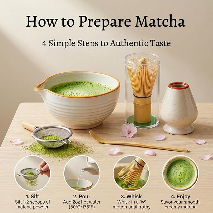 Matcha Set, 7-Piece Japanese Matcha Kit with Ceramic Bowl, Bamboo Whisk, Ceramic Whisk Holder, Stainless Steel Sifter, Chashaku Scoop, Bamboo Spoon and Tea Towel
