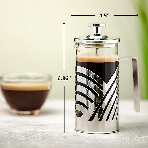 OVENTE French Press Coffee Maker 12 Ounce with Heat Resistant Borosilicate Glass, Stainless Steel Design and 4-Level Filter System, Portable Cold Brewer Pot for Travel, Camping or Gift, Silver FSD12P