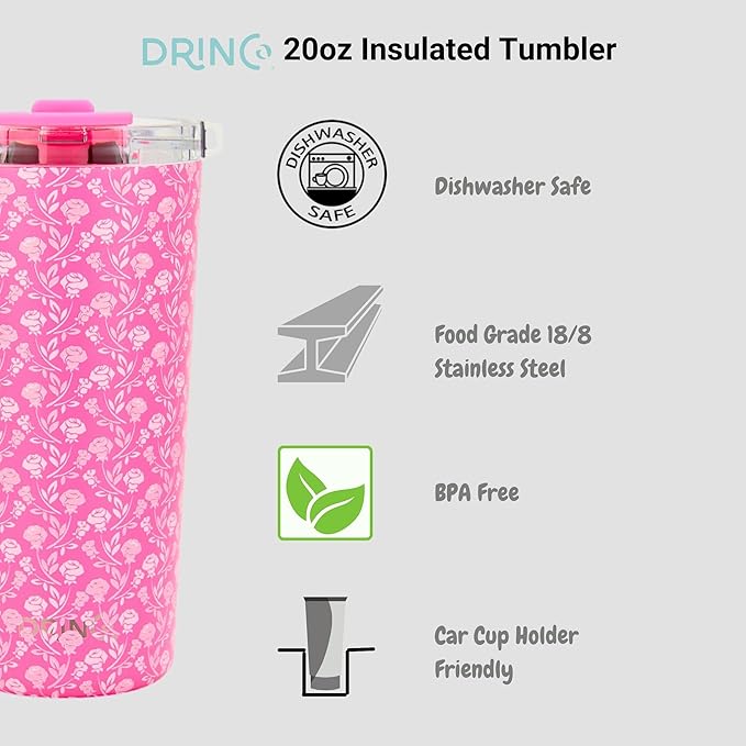 Drinco - 20 oz Stainless Steel Tumbler | Double Walled Vacuum Insulated Mug With Lid, 2 Straws, For Hot & Cold Drinks (20oz Pink Rose)
