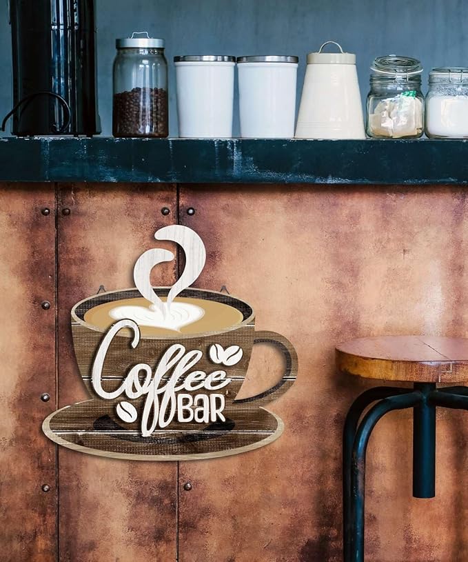 Putuo Decor Coffee Bar Wall Art, Double-Layer Coffee Cup Sign with Hook, Rustic Wall Decor for Kitchen, Living Room, Hotel, Vintage Farmhouse Decoration for Latte Lover (Brown)