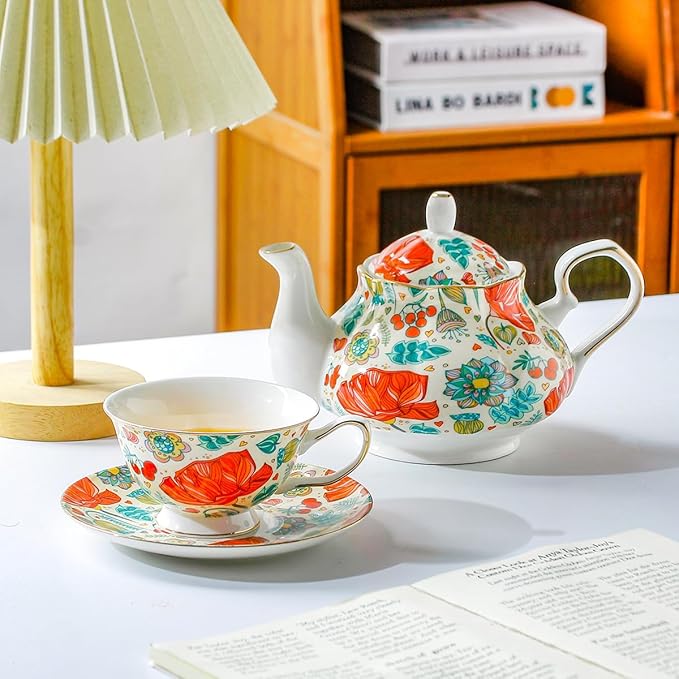 Ceramic 6.8 Oz Coffee Cup Mug with Saucer,Porcelain Vintage Floral Cups Set for Tea Party, Latte, Cappuccino Tea,Gift for Women (1, Red-Flower)