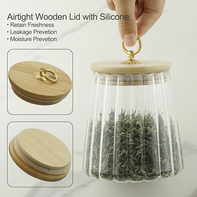 Clear Glass Jar Coffee Canister, Cookie Candy Jar Sugar Container with Airtight Bamboo Lid, 24 OZ Kitchen Food Storage Container for Pantry, Flour, Pasta, Cereal, Beans, Spice, Conical