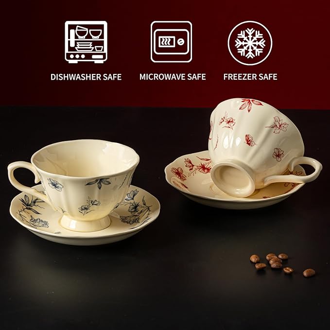 Fancy Ceramic Tea Cups and Saucers Set of 2, 8 oz Cappuccino Cups with Gold Spoons, Small Cream Blue & Red Floral Latte Art Cups, Happy Birthday Gifts