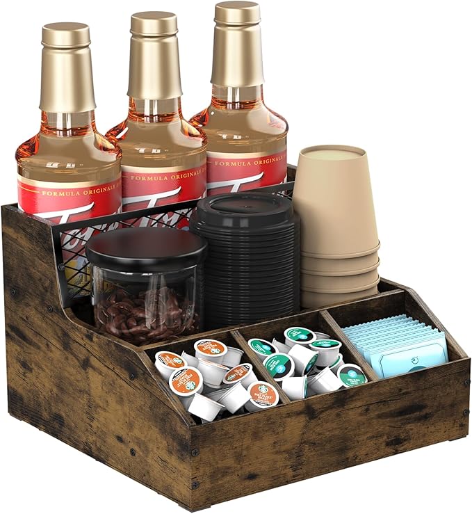 Coffee Station Organizer for Countertop, Wood Coffee Bar Organizer, Tea Condiment Storage for Pods, Syrup, Cups, Stirrer, Tea, Kitche Office Countertop, Brown