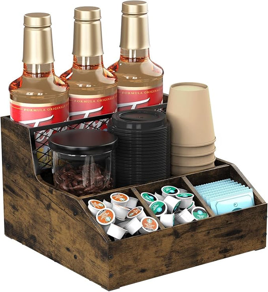 Coffee Station Organizer for Countertop, Wood Coffee Bar Organizer, Tea Condiment Storage for Pods, Syrup, Cups, Stirrer, Tea, Kitche Office Countertop, Brown