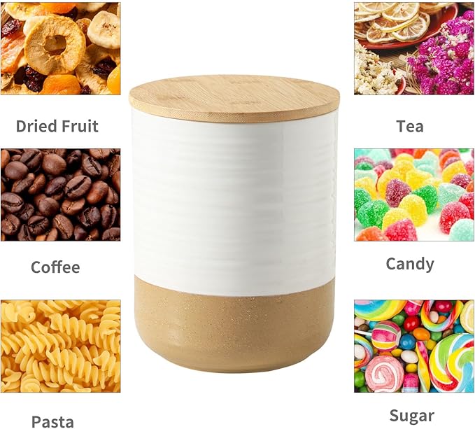 HASENSE 80oz White Ceramic Food Storage Jar with Bamboo Lid – 7.5 Inch Minimalist Kitchen Canister for Pantry, Dry Goods, Sugar, Tea, Flour – Airtight Wide Mouth Container with Natural Base