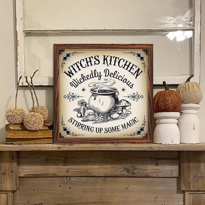 Vintage Halloween Witches Kitchen Stirring Up Some Magic Wooden Sign, With Frame Witch Cauldron Sign for Home Kitchen, Cafe, Bedroom Halloween Decor 7.87x7.87 Inch - Image 6