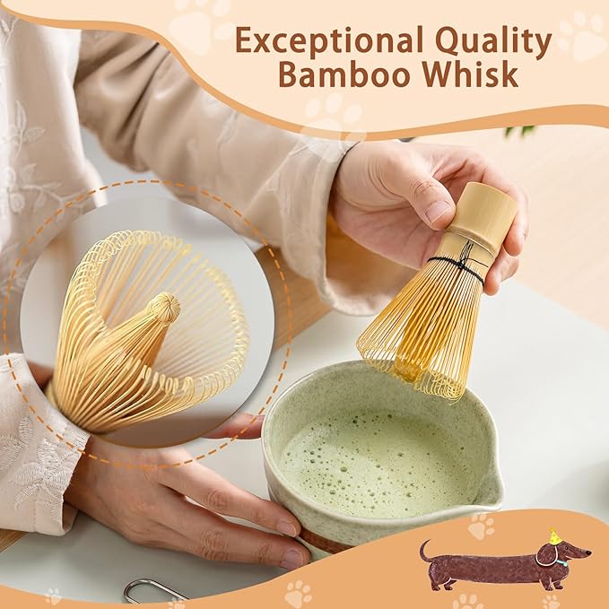 Matcha Set with Dog Pattern, Japanese Matcha Whisk Set Includes Matcha Bowl with Spout, Whisk Holder, Bamboo Whisk and Scoop, Matcha Sifter, 17 oz Ceramic Matcha Kit for Tea Lovers (Mottled Green)