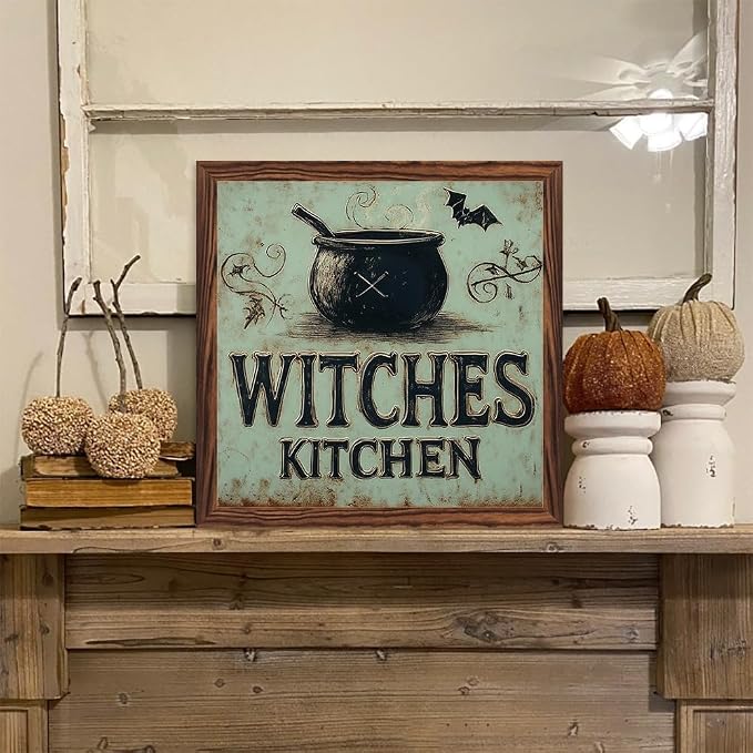 Vintage Witches Kitchen Wooden Sign, With Frame Witch Cauldron, Bats Elements Decorative Sign for Bedroom, Kitchen, Cafe, Bar Wall Decor, Halloween Decor 7.87x7.87 Inch - Image 6