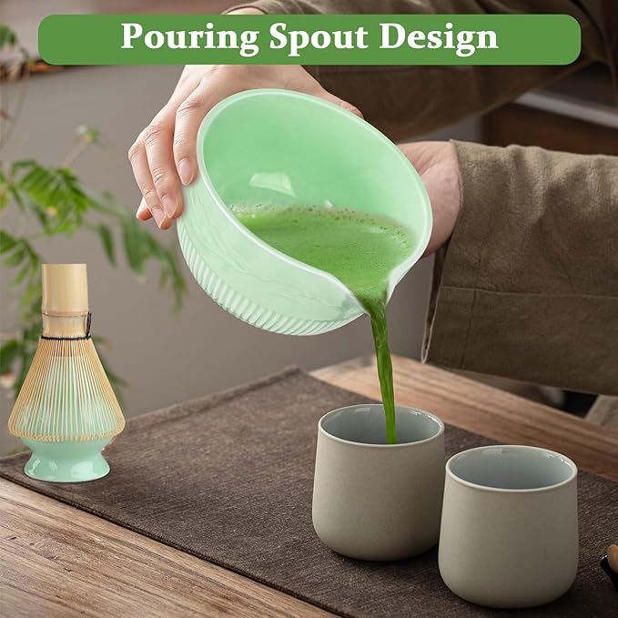 PHILORN Matcha Whisk Set, 9Pcs Ceramic Macha Kit, Matcha Set Whisk and Bowl with Spout, Whisks, Holder, Bamboo Scoop, Scoop Rest, Sifter and Tea Towel for Macha Lover (Cyan)