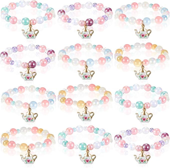 Ecally 12 Pcs Tea Party Favors Bracelet Gift Tea Pot Beaded Bracelet Bulk Party Supplies Pot Pendant Accessories Decorations for Kids Girl
