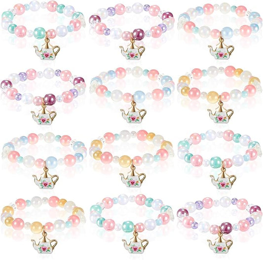 Ecally 12 Pcs Tea Party Favors Bracelet Gift Tea Pot Beaded Bracelet Bulk Party Supplies Pot Pendant Accessories Decorations for Kids Girl