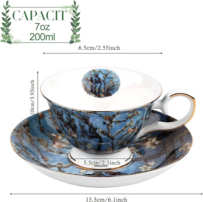Floral Tea Cups Saucers Set of 2, Bone China 7 oz British Teacups Porcelain Coffee Cup for Rose Tea Cappuccino Espresso Latte (Apricot & Peach Blossom)