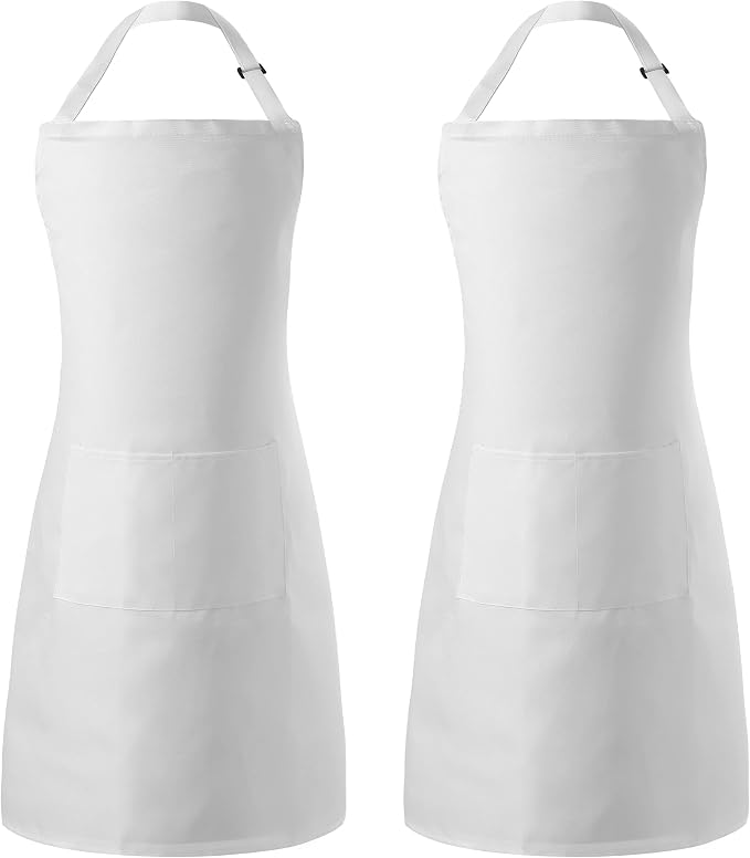 Tosewever 2 Pack Adjustable Bib Apron, Waterdrop Resistant Aprons with 2 Pockets Cooking Kitchen Restaurant Aprons for Women Men Chef, BBQ Drawing Crafting Outdoors (Polyester-White, 2) by Tosewever