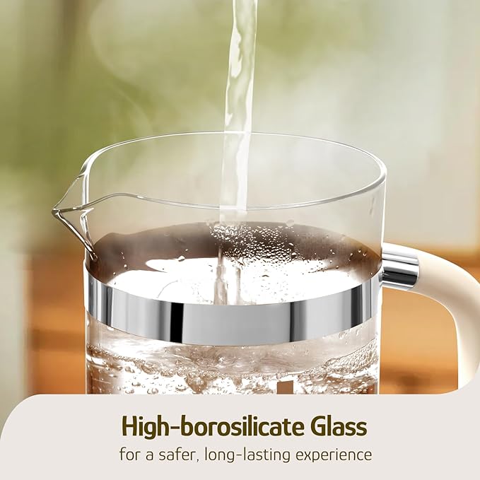 Hazel Quinn French Press Coffee Maker, 450ml / 15oz, Heat-Resistant Borosilicate Glass, 304 Stainless Steel, BPA-Free, Easy to Clean, Precision Filtration for Coffee & Tea
