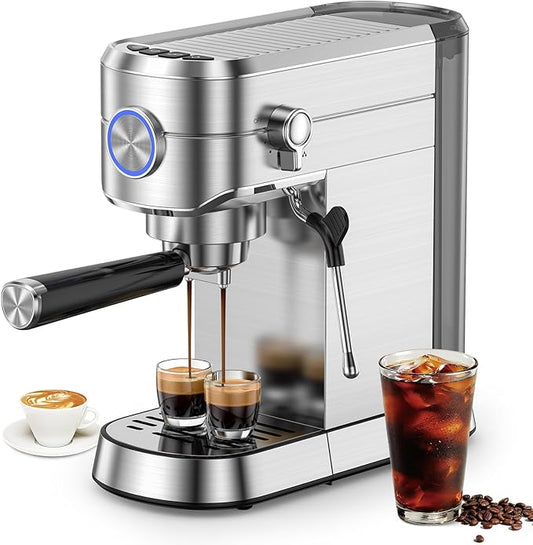 Kndko Espresso Machine, 20 Bar Espresso Maker with Milk Frother, Compact Stainless Steel Coffee Machine with 34oz Removable Water Tank for Cappuccino, Latte