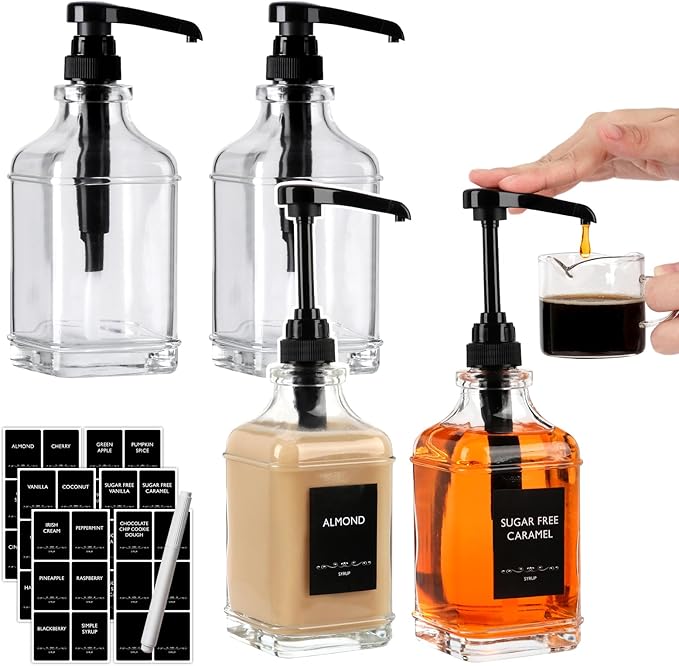 BIGIVACA 4 Pack Coffee Syrup Dispenser 16 oz,Clear Glass Syrup Bottle with 1/4oz Capacity Pump,Syrup Dispenser for Coffee Bar with Plastic Pump by BIGIVACA