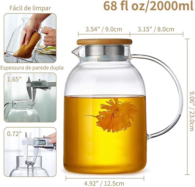 Large Glass Teapot with Infuser, Stovetop Safe, Thickened Heat Resistant Borosilicate Glass, 68 fl oz Glass Tea Kettle with Stainless Lid
