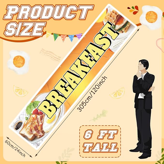 Tegeme Breakfast Banners Sign 2 x 10 Feet Breakfast Flag Decoration Oxford Fabric Banners with 10 Holes for Business Store Outside