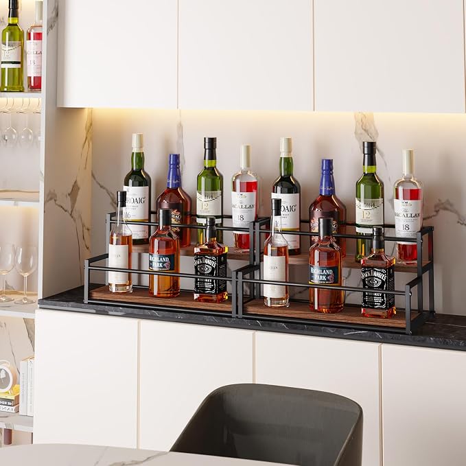 THYGIFTREE 2 Pack Liquor Bottle Display Shelf, 2 Tier Bar Shelf Stand, Countertop Liquor Rack Organizer for Home Bar Kitchen Whiskey Display - Image 3