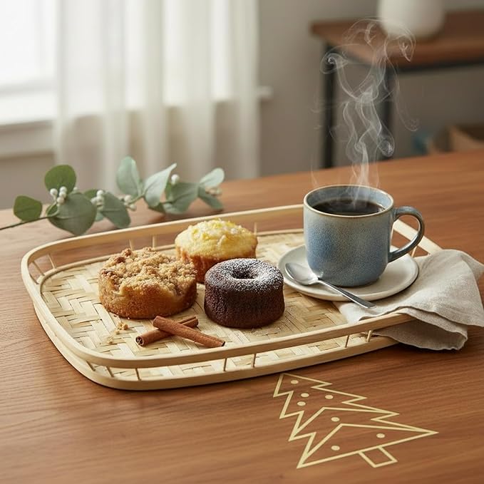 PEMAR Large Bamboo Wicker Serving Trays Set of 2 – 19.3″ x 13.8″ Rectangular Hand-Woven Lap/Breakfast Trays with Handles – Rustic & Decorative Kitchen, Coffee Table & Bed Tray